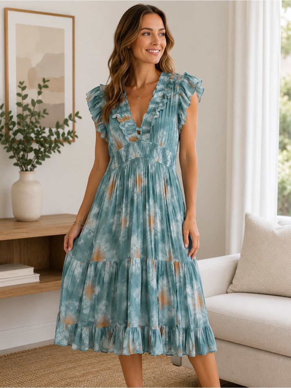 Elan Teal and Tan Ruffled V-Neck Midi Dress